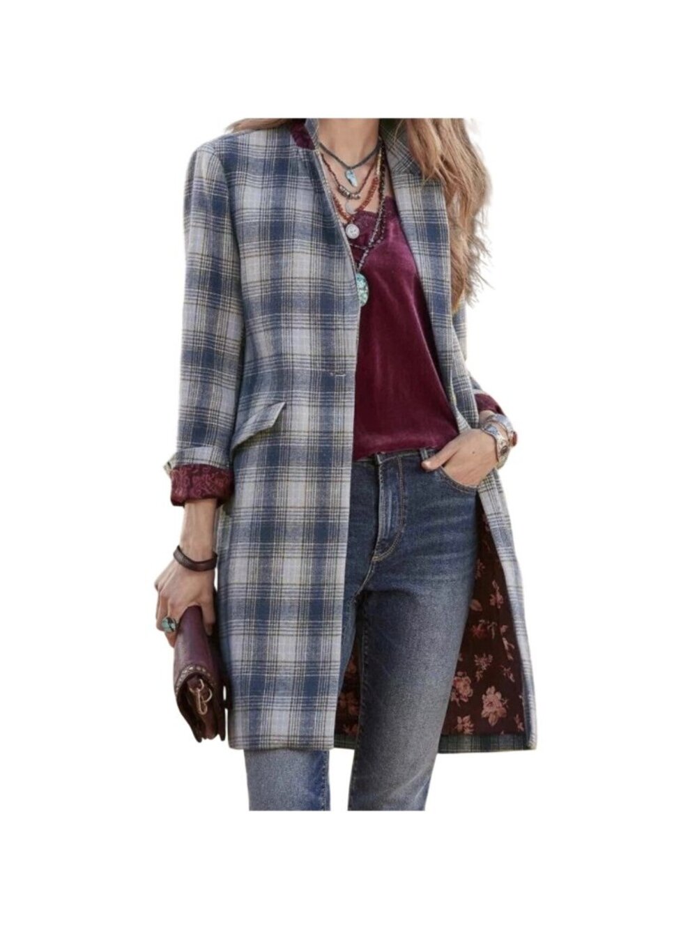 Sundance Annie Long Coat Blue Grey Plaid Floral Lining Size M